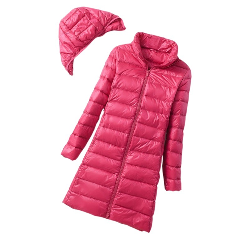 Cross-Border Korean Style Slim and Light down Jacket for Women Mid-Length Slim Stand-Up Collar Removable Hat Women's Large Size Jacket Trendy