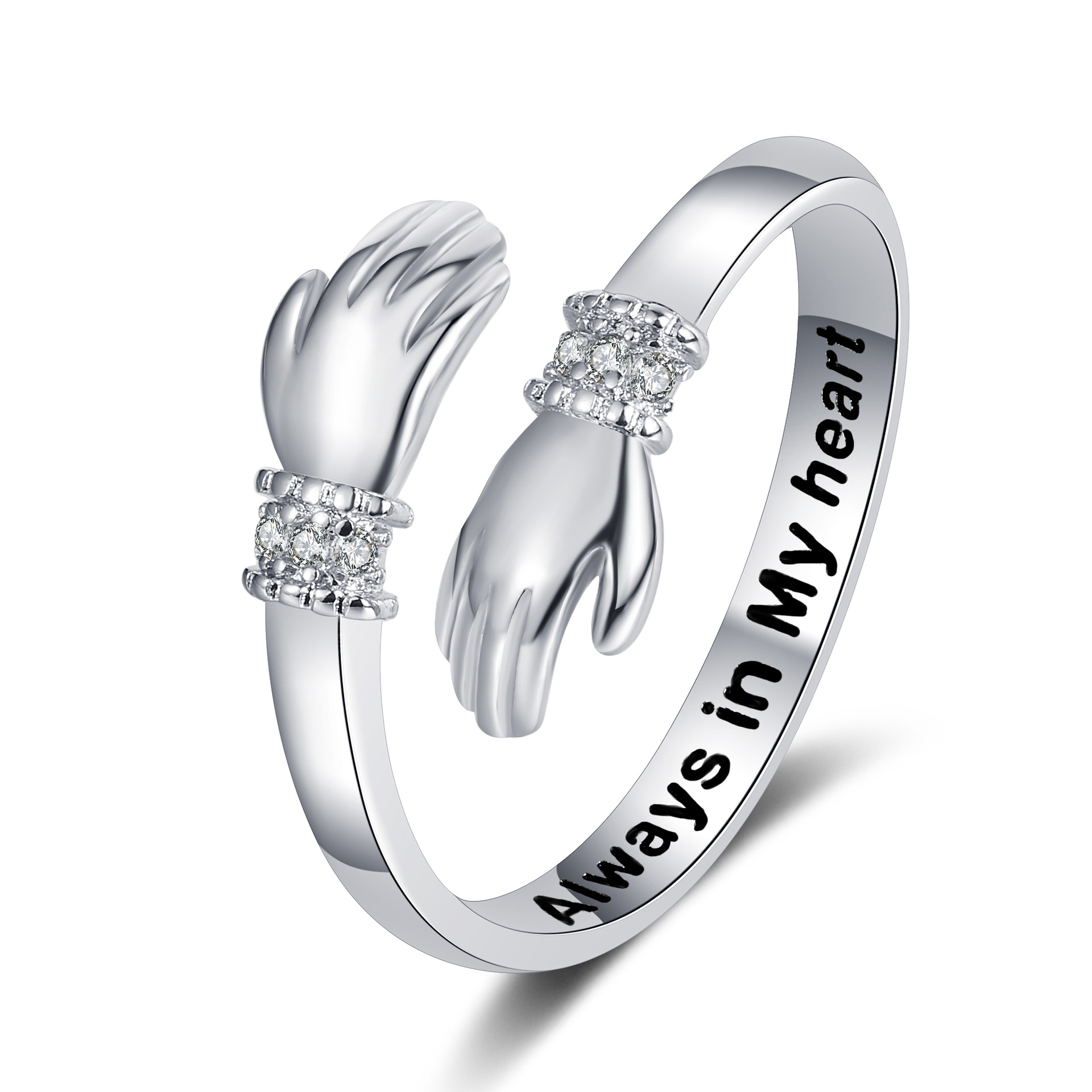 Picture of Europe and the United States creative love hug hands diamond ring women's lettering opening adjustable ring warm heart gift