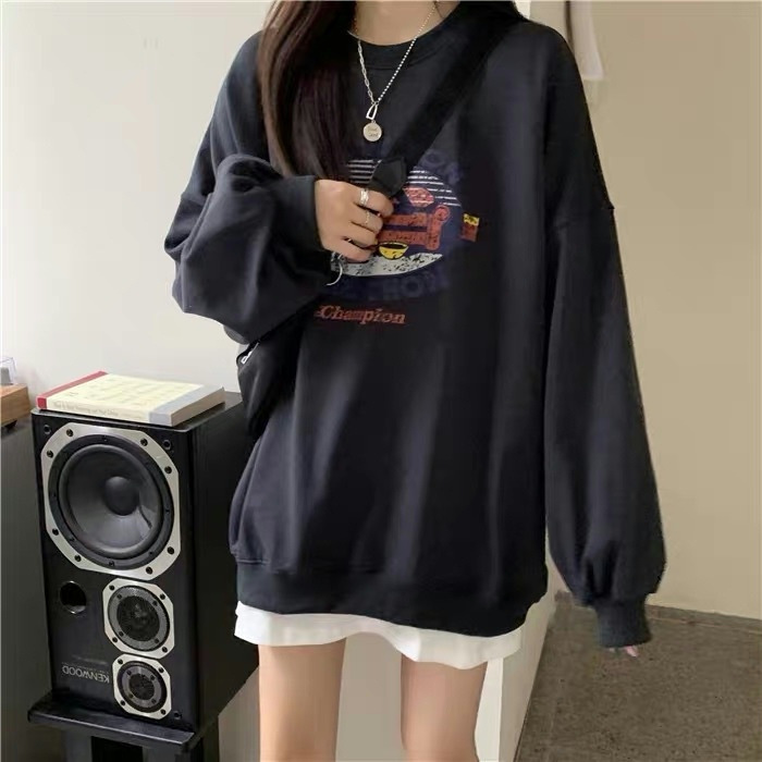 Picture of American Style Retro Printed Round Neck Sweater Women's Autumn Clothing Student Base Shirt Regular Casual Loose Top Thin Trendy