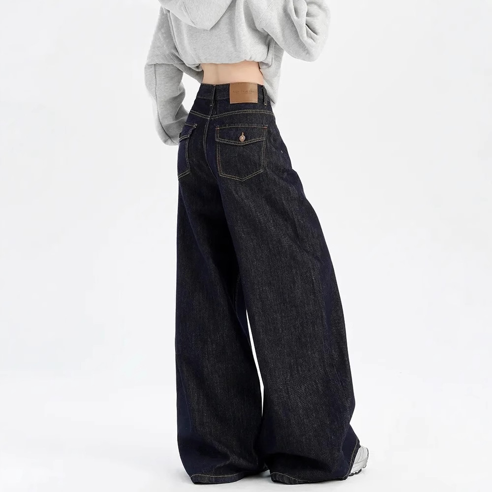 Picture of American Style Retro dark blue Mop Jeans Women's Spring and Autumn High Waist Straight Wide Leg Pants Small Layhead Pants