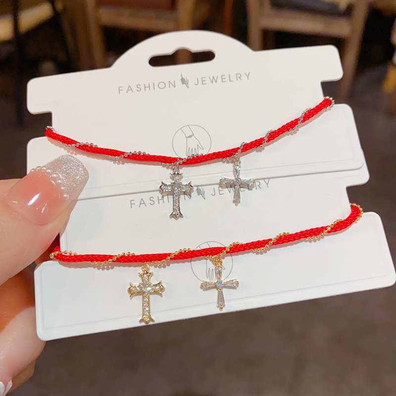 Niche Fashion Simple Retro Red Zodiac Year Cross Tassel Bracelet Elegant Versatile Design Bracelet for Women