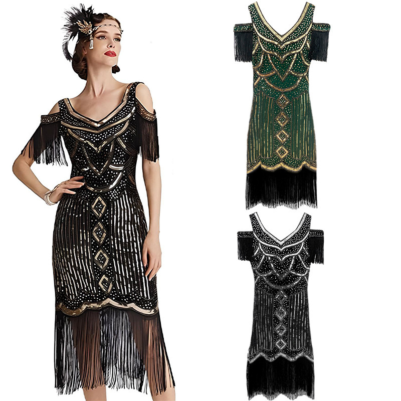 Amazon Prom Party European and American Vintage Gatsby Evening Dress 1920S-4XL Pair Sequin Tassel dress