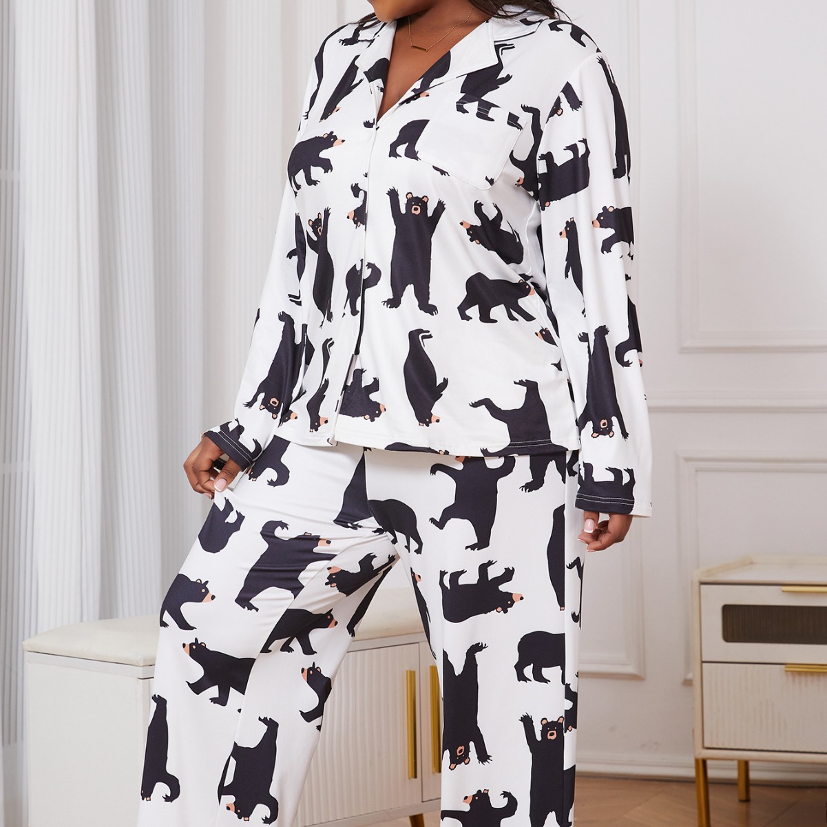 Cross-border foreign trade for plus size pajamas women's suit autumn and winter cartoon printing long sleeve trousers home clothes