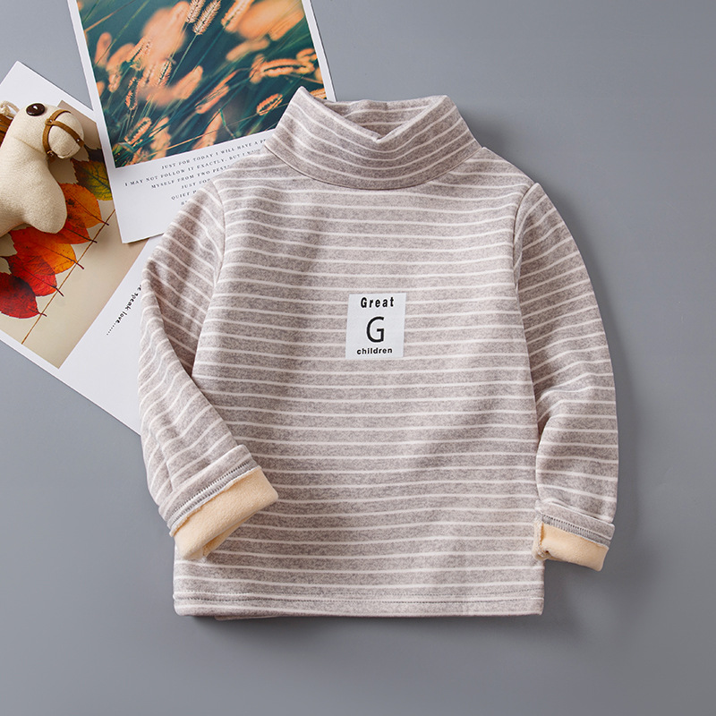Picture of Children's Striped Fleece-Lined Thickened Base Shirt Turtleneck Top Middle Collar Single-Piece Half-High Collar Long-Sleeved T-Shirt for Boys and Girls