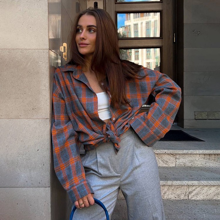 Picture of 2024 Spring and Autumn Amazon OZON Cross-border Retro Style All-match Loose Shirt * Fashion All-match Plaid Shirt Women