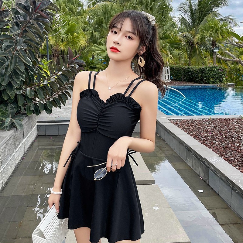 Swimwear Women's Korean Style ins Slim-fit Sling Backless Sexy Fashionable Small Chest Gathering Women's Summer Vacation Swimwear