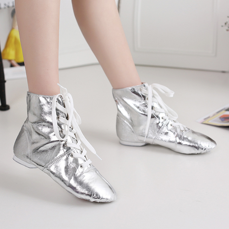 Picture of Gold and Silver High Top Dance Shoes Leather Glossy Stage Performance Adult Children Canvas Jazz Boots Shoes Black Women