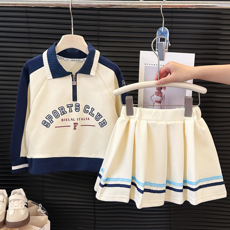Girls' suit Spring and Autumn Clothes 2024 New Children's Casual Korean Style Girls' Tennis Clothes Pleated Skirt Two-Piece Western Style