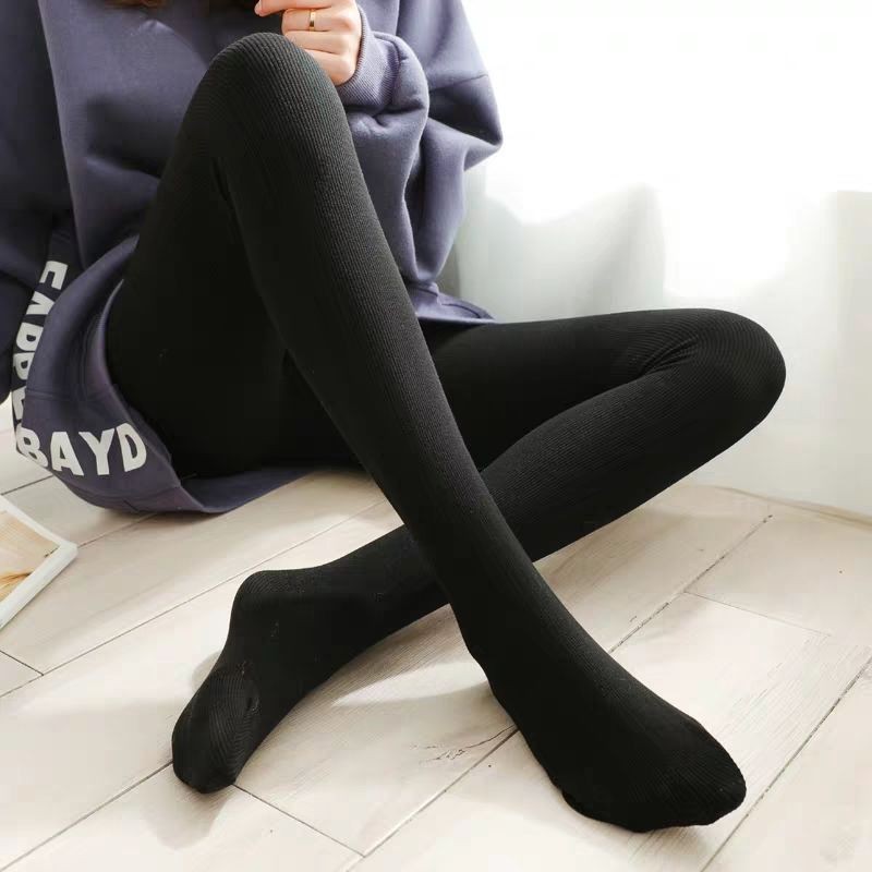 Autumn and Winter Women's Fleece-Lined Thick Cotton High-Waisted Plus-Size Leggings for Slimming with Vertical Stripes Ribbed Tights for Spring and Autumn