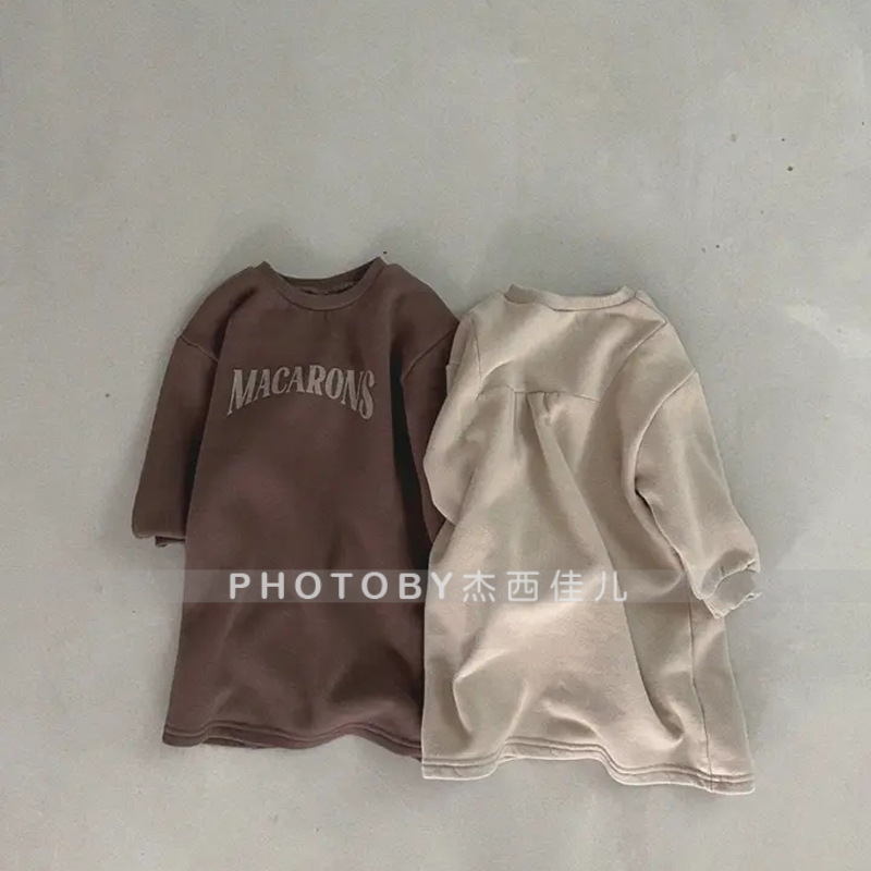 Korean Style Girls' Sweats Autumn and Winter New Western Style Children's Fleece Children's Clothing Baby Girl's Skirt Top Mid-length