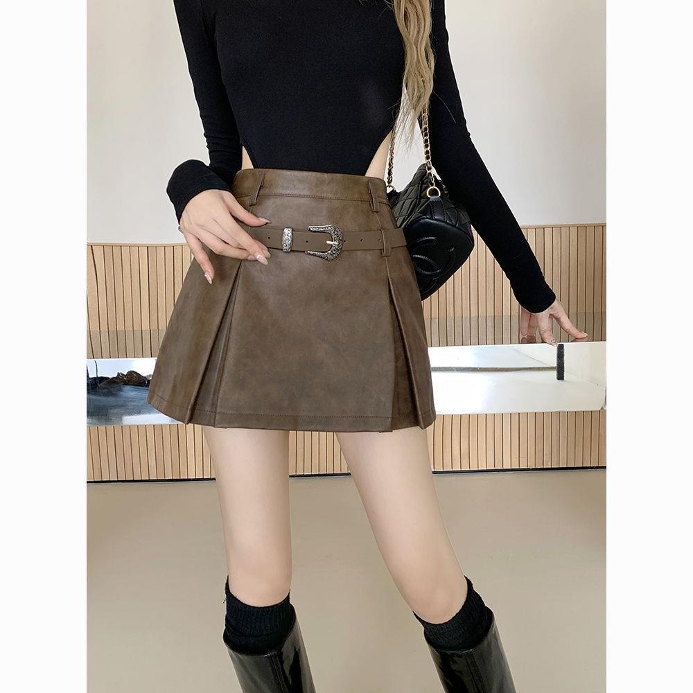 Black Leather Skirt Women's Spring and Autumn New plus size chubby girl High Waist Pleated Skirt Anti-walking Sheath A- line Short Skirt