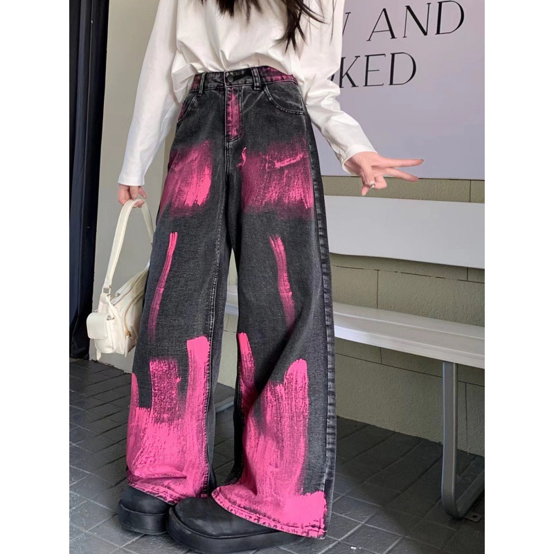 Picture of American Style High Street Flame Graffiti Tie-Dye Design Sense 2024 Jeans Women's Spring High Waist Loose Wide Leg Pants