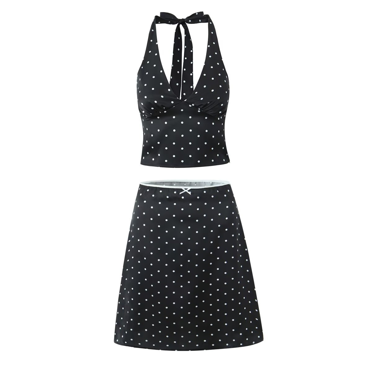ZA cross-border women's clothing wholesale new retro V-neck hanging neck backless wave dot vest long skirt suit