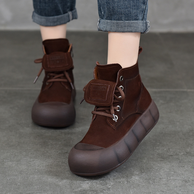 Retro Casual Genuine Leather Boots for Women, Autumn and Winter Thick-Soled Toe Boots, Versatile Cowhide Short Boots with Laces