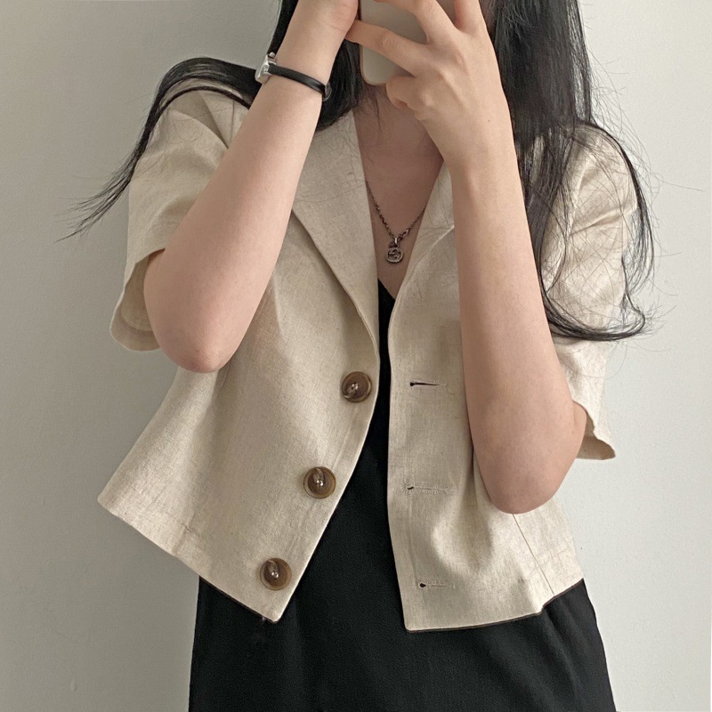 Spot Korean Dongdaemun 2025 Summer New Ins Blogger Thin Short-Sleeved Cotton Linen Suit Short Jacket