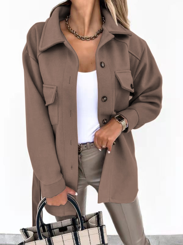 Picture of Europe and the United States cross-border autumn and winter lapel single-breasted thick solid color shirt wool loose coat female manufacturers direct supply