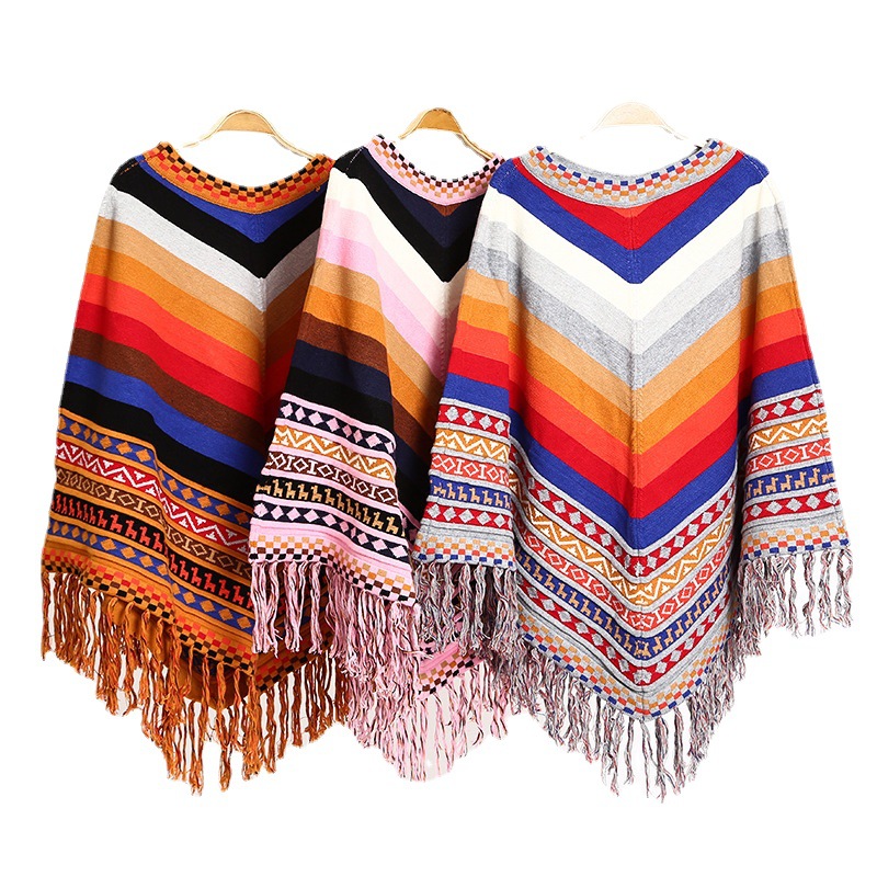 Ethnic Style Warm Shawl Xizang Qinghai Pullover Cape Tassel Shawl Knitted Vacation Autumn and Winter Coat Shawl