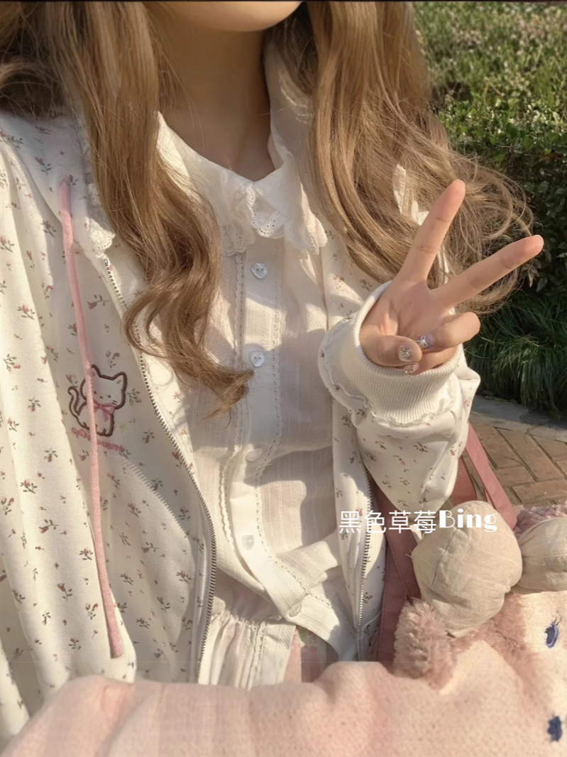 Picture of Thin kitten floral long sleeve zipper sweater hooded coat women's spring and summer Japanese cute cardigan loose top