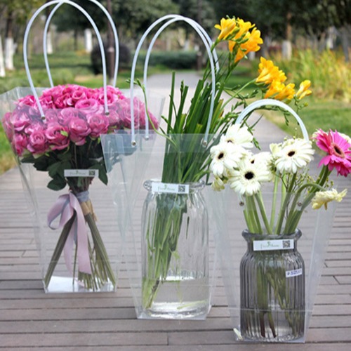 PVC transparent gift bag plastic bouquet tote bag square trapezoid tote bag flowers portable gift box florist