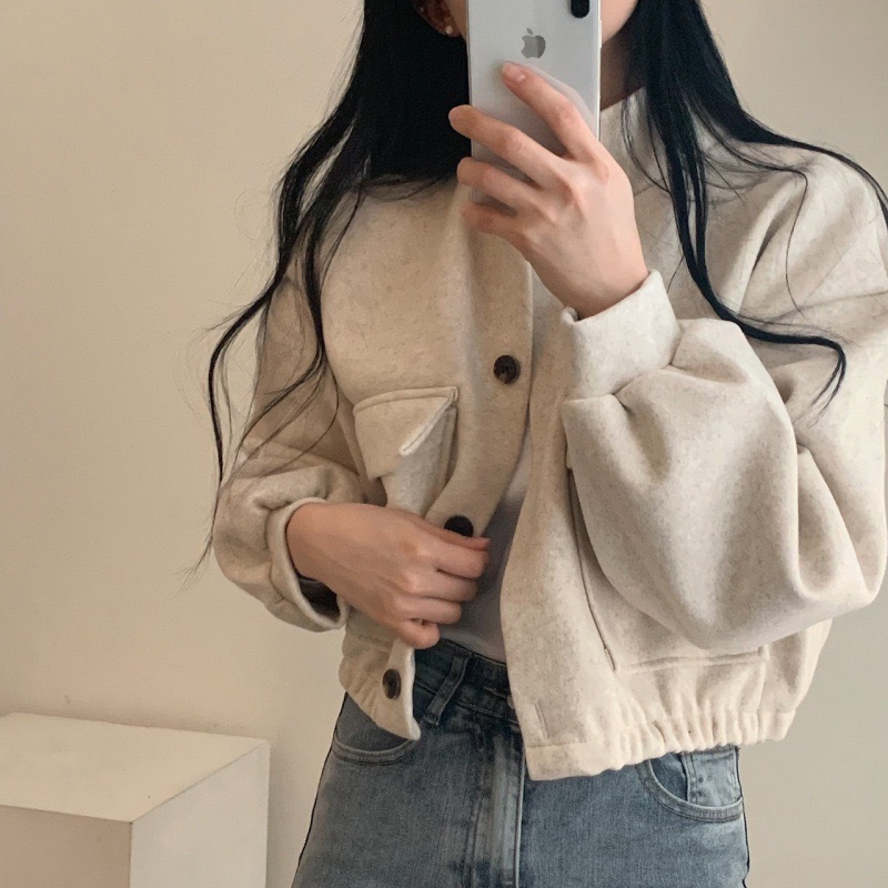 Picture of Autumn and Winter Loose Woolen Coat for Women Plus Size Pocket Small Stand Collar Top Long Sleeve Button Hong Kong Style Woolen Women's Clothing Wholesale
