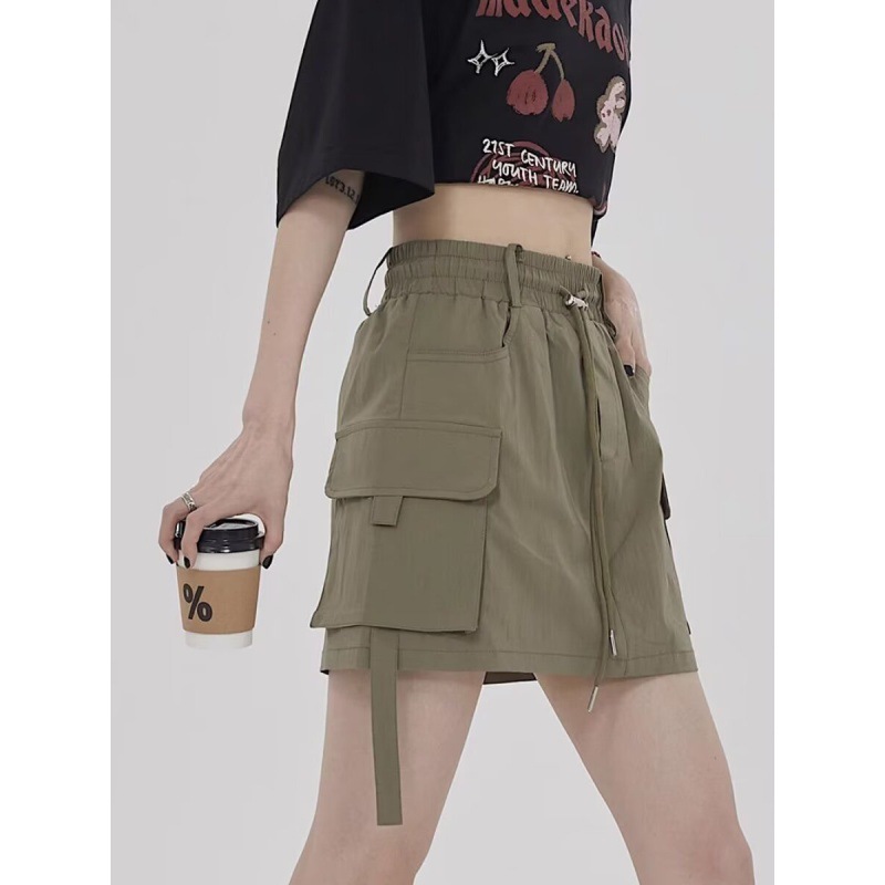 American-style Quick-drying Workwear Skirt Women's Summer Hot Girl Drawstring Stablish Waist A- line Short Skirt Anti-walking Hip-wrap Pants Skirt