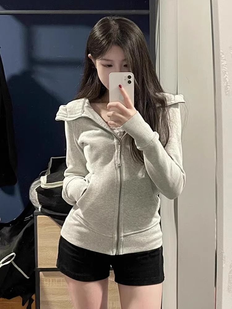[self-set factory in stock now] with finger buckle hooded slim waist coat zipper cardigan sweater women