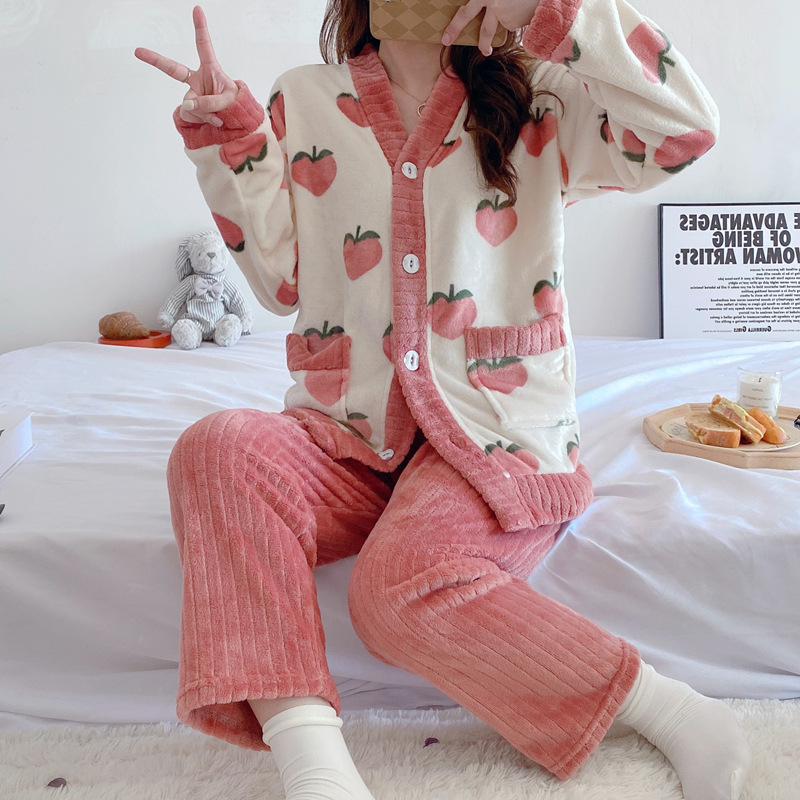 Pajamas Women's 2022 New Winter Cyber Celebrity Coral Fleece Thickened Fleece Flannel Outfit Home Suit