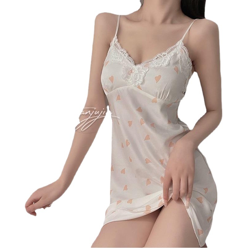 Fresh Style Printed Pajamas Women's Summer Small Chest Belt Chest Pad Backless Sexy Ice Silk Sling Nightgown Spring and Autumn Home Clothes