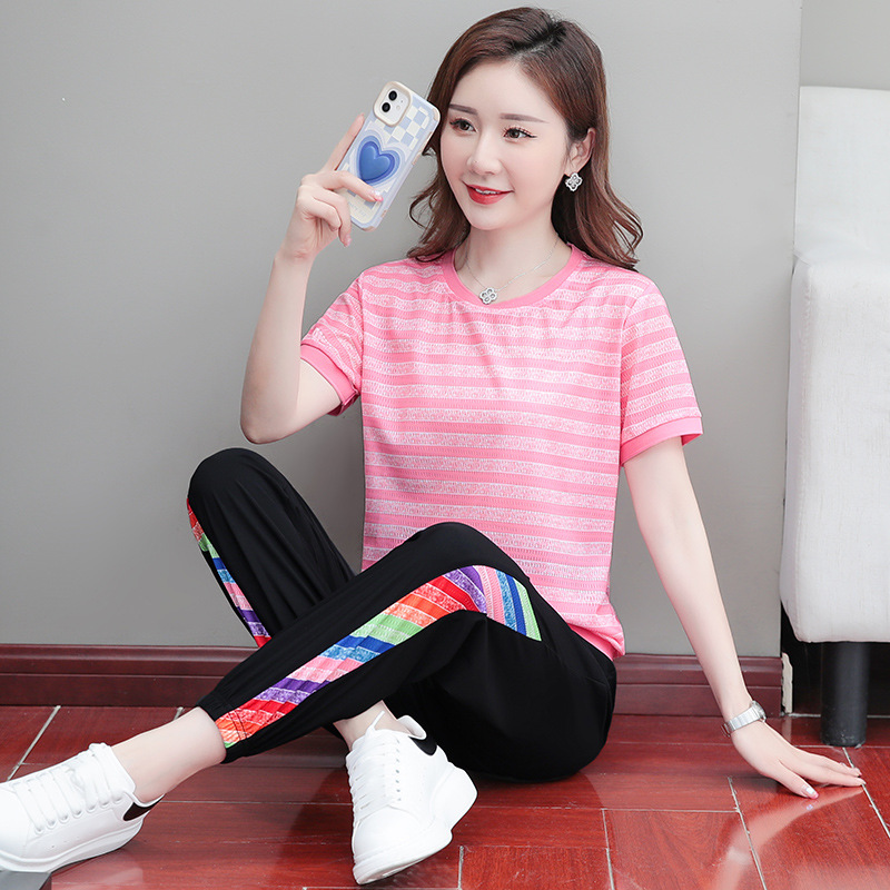 Picture of Ice Line Quick-drying Stretch Vertical Fashion Casual Sports Suit Women's Summer Thin Mesh Breathable Striped T-shirt Trendy