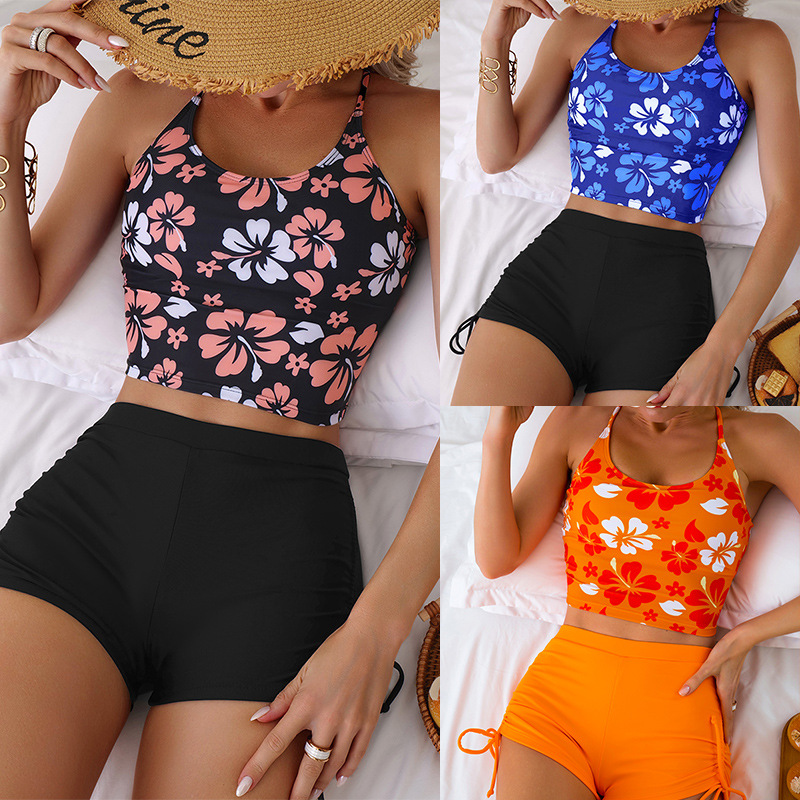 2024 New Cross-Border European and American Tankini Printed High-Waisted Boxer Briefs Conservative Bikini Split Swimsuit Swimsuit