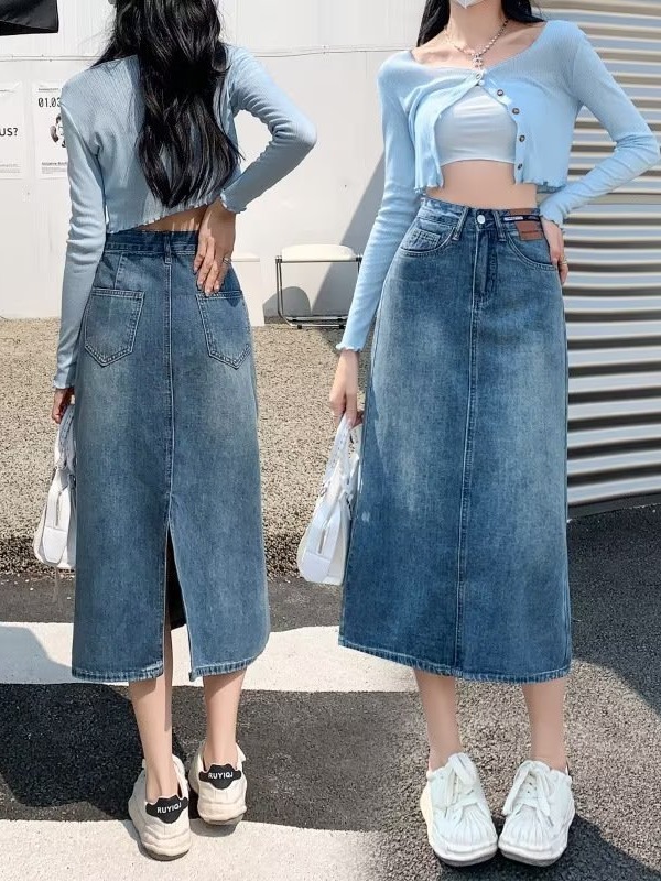 High waist retro Denim skirt for girls Spring and Autumn 2023 new design sense back slit mid-length A- line skirt