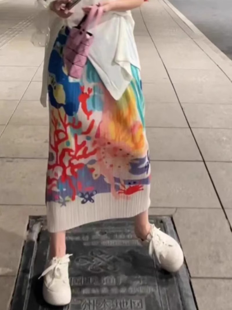 Cross-border 2024 New Summer Fashion Retro Pleated High Waist Slimming All-match High-end Sense Printed A- line Skirt