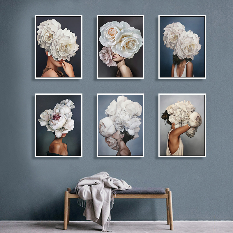 Modern Aesthetic Figure Art High-Definition Spray-Painted Canvas Painting Core Flower Woman Living Room Bedroom Wall Decoration Painting Florals