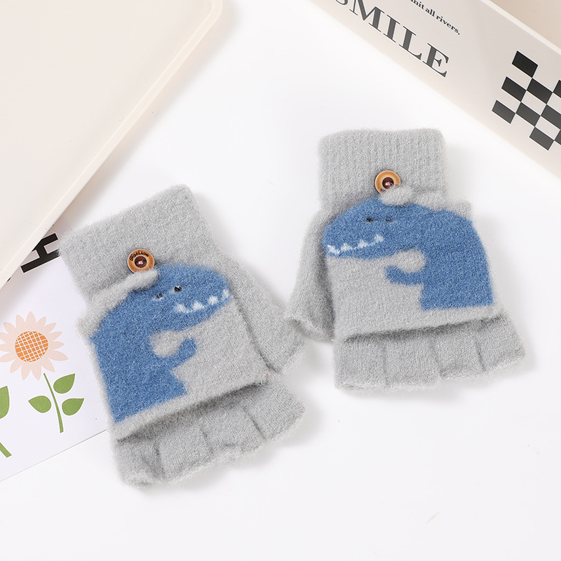 Picture of Children's flip gloves autumn and winter boys half finger warm cute Primary School students writing knitted dual-purpose gloves wholesale