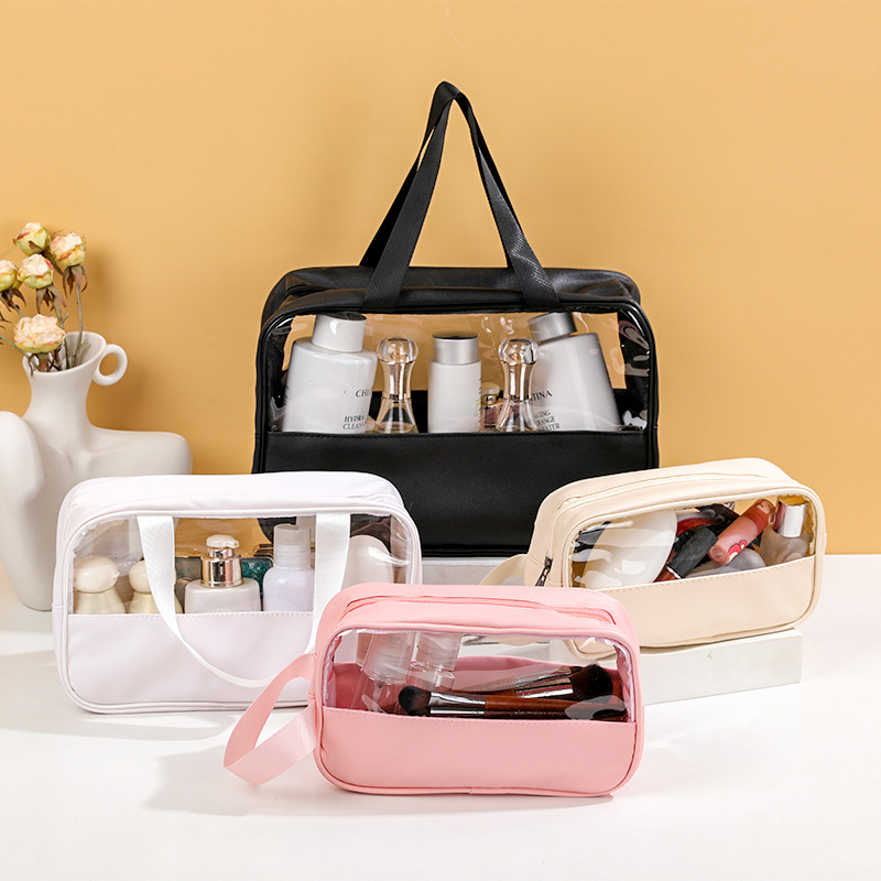 Picture of Transparent Toiletry Bag, Large Capacity Waterproof Portable Cosmetic Bag, Pu Splicing Bath Bag, Business Trip Travel Storage Bag, Portable