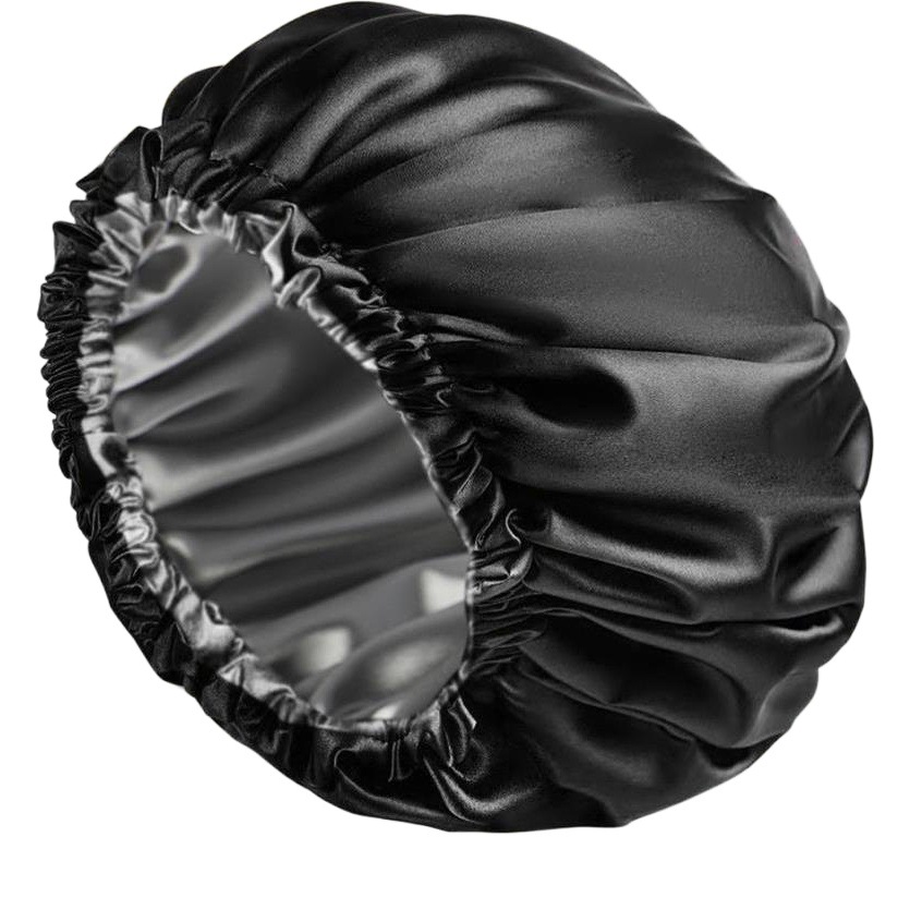 Double-layer enlarged drawstring adjustable nightcap waterproof shower cap black hat colored cloth PEVA shower cap