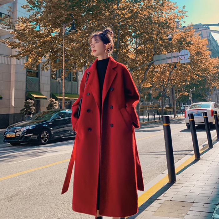 Hepburn Style Red Woolen Suit Jacket Women's Mid-length 2024 Winter New Elegant Thickened Woolen Coat