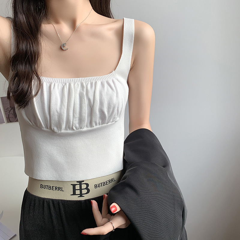 Real Shot of Summer Beautiful Back New French Square Collar Matcha Green Lumeng Style Slim Stretch Pleated Versatile Vest