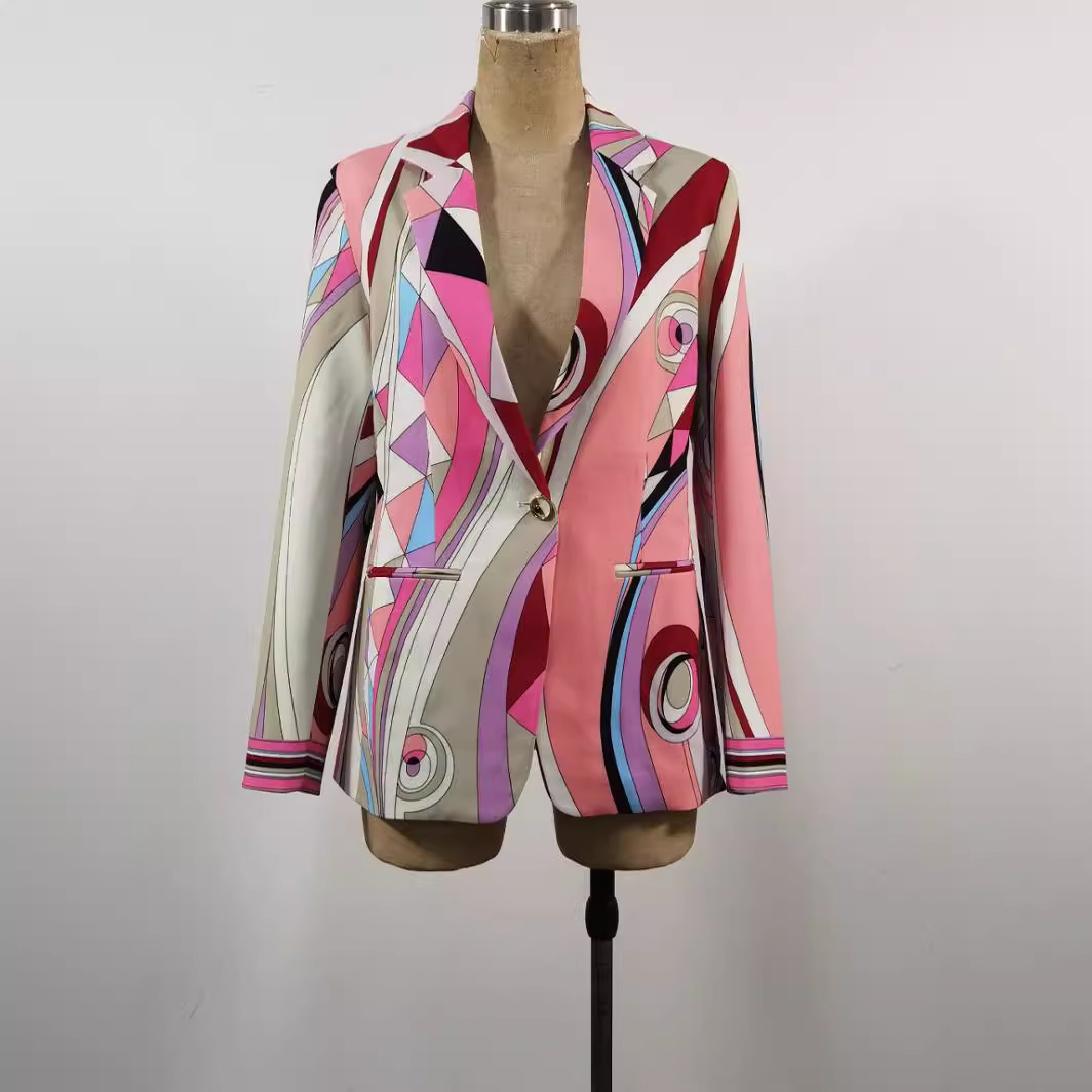Picture of Guo'Er Spring and Autumn Quality Slim-Fit Women's Pants Suit European and American Cotton Print Elegant Pink One-Button V-Neck Suit Set