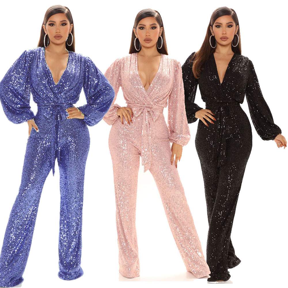 Picture of Amazon Explosions Autumn European and American High-end Women's Sequins Deep V-Neck Long Sleeve Pants Foreign Trade Pants