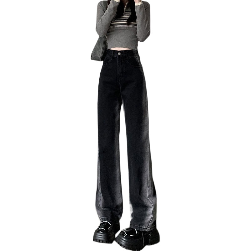 Gradient black wide-leg jeans women's net red autumn and winter contrast color high waist loose niche mop straight long pants
