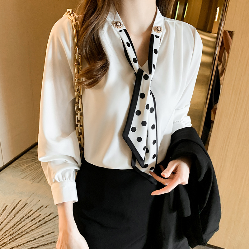 Picture of Light Mature Style Ribbon Shirt 2025 Autum New Korean Style Versatile Splicing Lace-Up Bow Long-Sleeved Shirt for Women