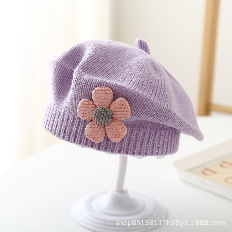 Picture of Baby hat autumn and winter baby girls' cute flower beret children's wool hat girls' knitted painter hat fashion