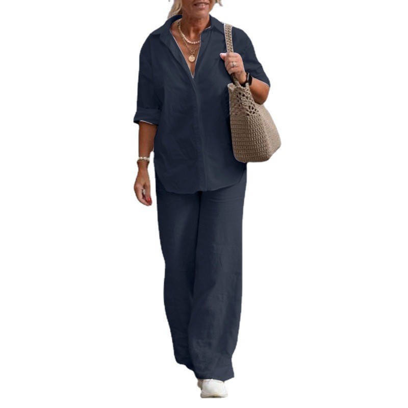 Picture of European and American Cross-Border Women's Two-Piece Set for Women 2024 Lapel Long-Sleeved Shirt Spring and Autum Casual Pure Color Pants Wide-Leg Suit