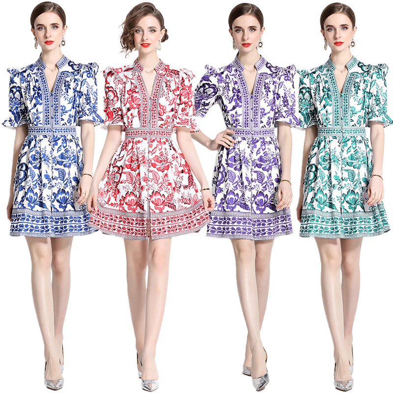 Fashion Retro V-neck Horn Short-sleeved dress Cardigan Multi-button Blue and White Porcelain Printed Long Dress Summer Waist Skirt