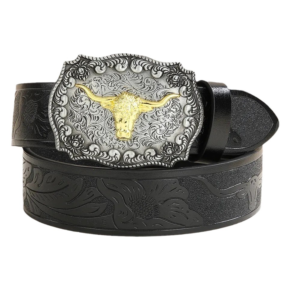 Cross-border Western Denim belt all-match cow head big plate buckle Denim carved ethnic style men's punk PU leather belt