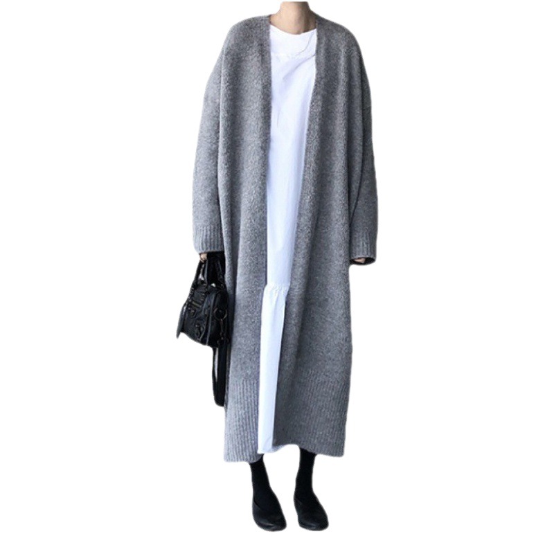 Autumn and Winter 2024 New Korean Chic Style Long Knitted Cardigan over the Knee Lace-Up Slit Loose Sweater Jacket for Women