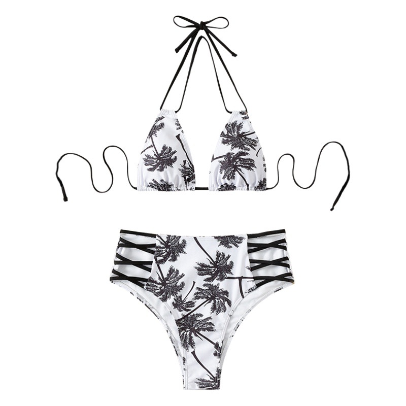 Swimming River New 2022 Amazon Cross-border European and American Sexy Coconut Tree Printed Lace-up Bikini Swimsuit