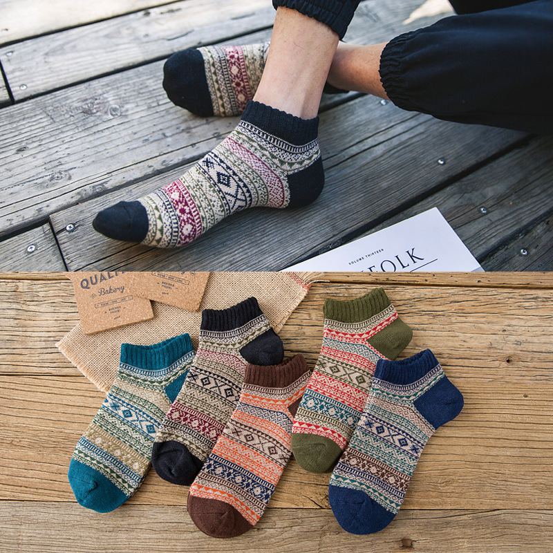 Spring and Autumn Men's Socks Wholesale Japanese Ethnic Style All-Cotton Short Tube Socks Thick Line Sweat-Absorbent Breathable No-Show Socks Trendy