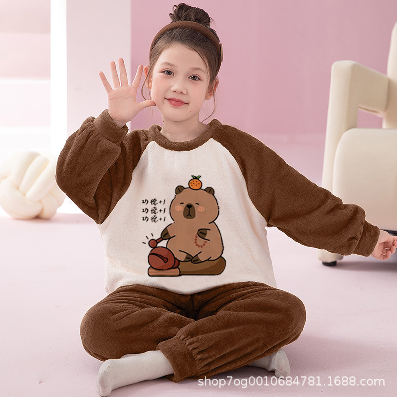 Flannel Pajamas Children's Autumn and Winter New Cute Cartoon Long Sleeve Thin Warm Home Clothes Autumn and Winter suit